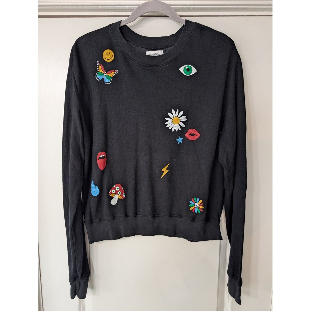 Lauren Moshi Womens Black Graphic Heart Mushroom Butterfly Sweatshirt Medium